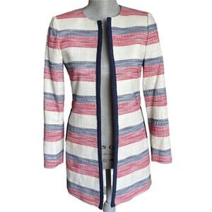 Tahari ASL Levine Ivory Red Blue Striped Tweed Collarless Blazer Jacket Size 8 P